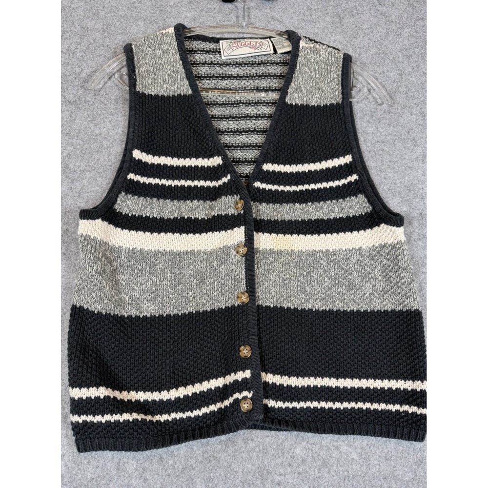 Nuggets Knit Sweater Vest Women Medium Black Grey Vintage Striped Button Front